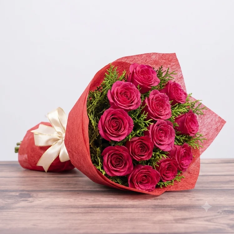 10 Dark Pink Roses Bunch