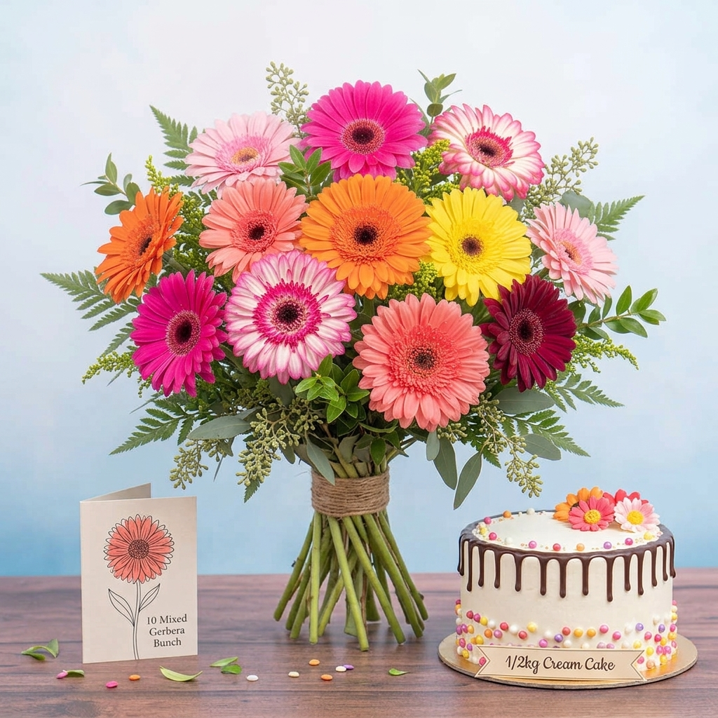 Mixed Gerbera bunch and Cream Cake