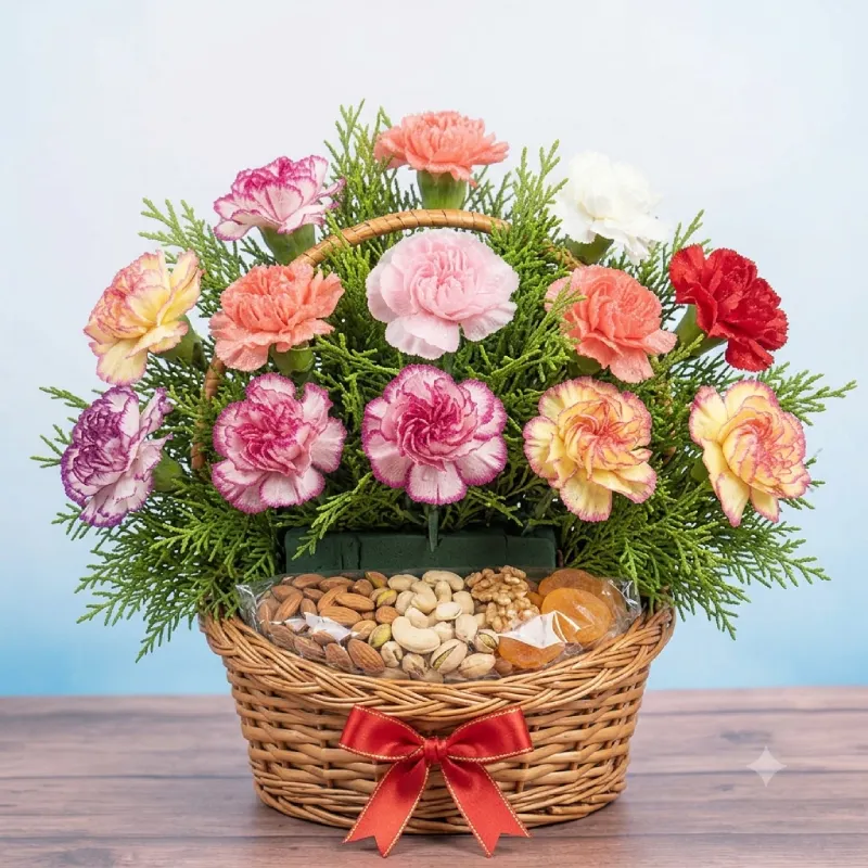 Mixed Flowers and Dry Fruits arranged in a Basket