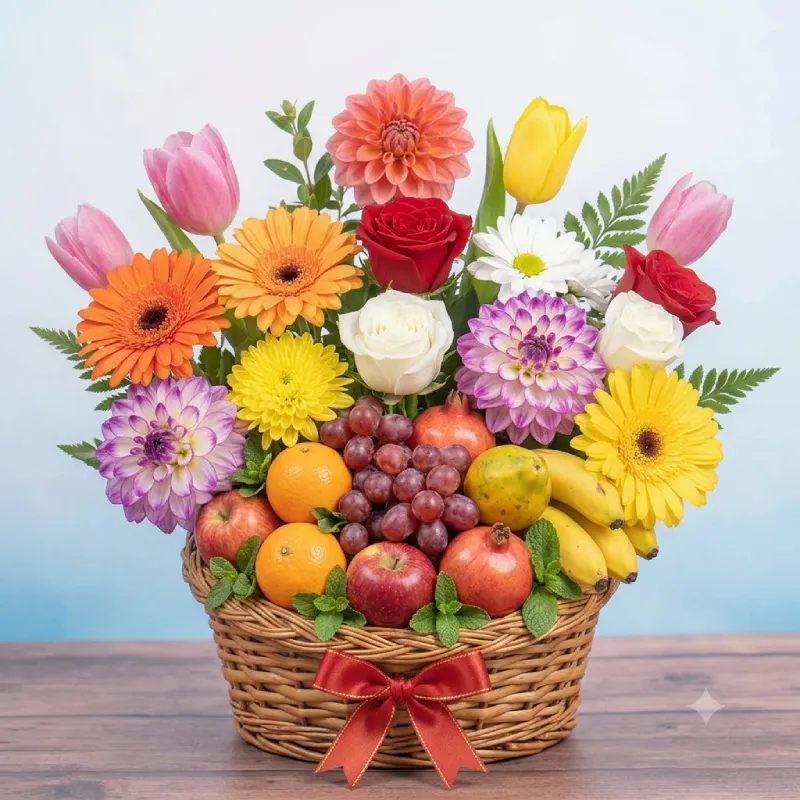 Mixed Flowers and Fruits arranged in Basket
