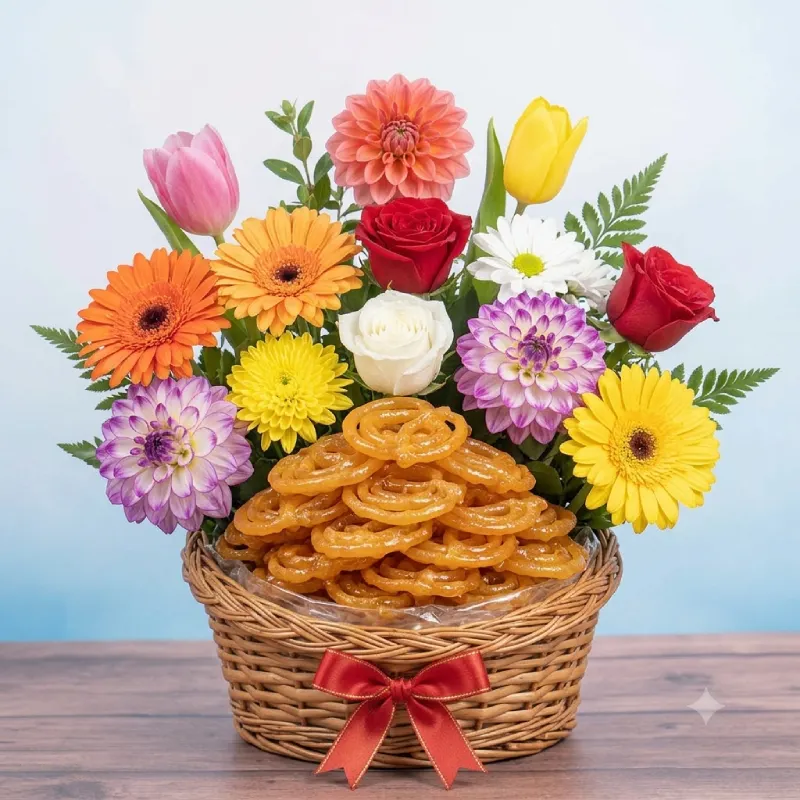 Mixed Flowers and Jalebi in a Basket
